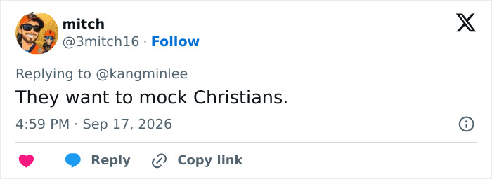 A tweet from user mitch stating that a fantasy adaptation is intended to mock Christians, highlighting religious backlash.