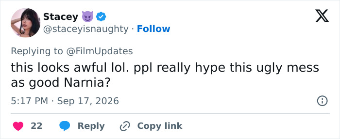 Tweet from Stacey with a demon emoji, criticizing a fantasy adaptation as an 'ugly mess' and not good Narnia.