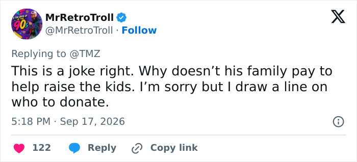 A social media post about Perez Hilton's family launching GoFundMe to help raise his kids, with a comment questioning it.