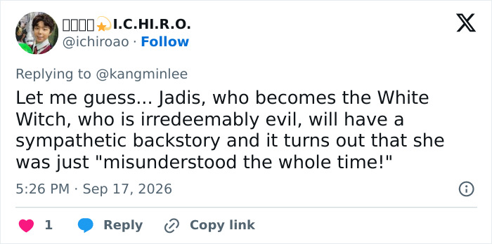 A tweet about a female director's fantasy adaptation, mentioning the White Witch and a potentially sympathetic backstory.