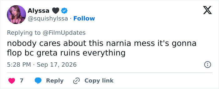 A female director faces religious backlash for a fantasy adaptation, as a tweet blames Greta for a Narnia flop.