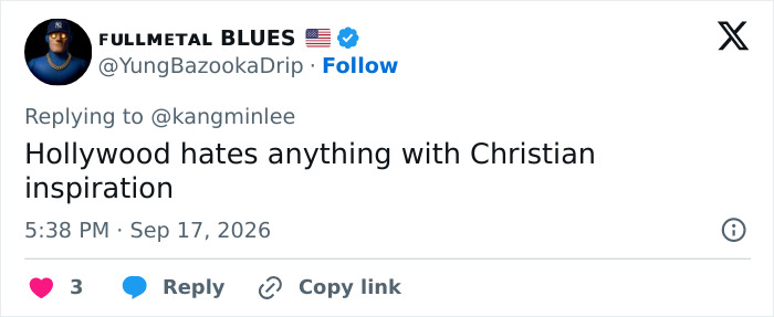 A tweet from a user named FULLMETAL BLUES, claiming Hollywood hates anything with Christian inspiration regarding a fantasy adaptation.