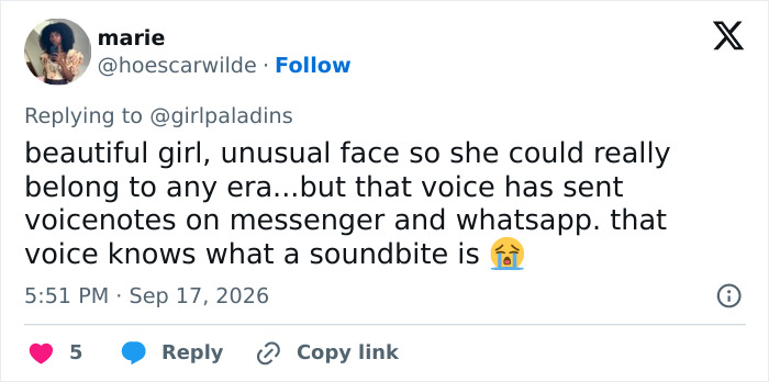 A social media post describing a girl with an unusual face and a modern voice, amidst scathing reviews for a nepo baby's show.