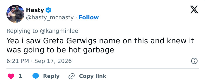 A social media post with a user's comment, mentioning Greta Gerwig and the fantasy adaptation.