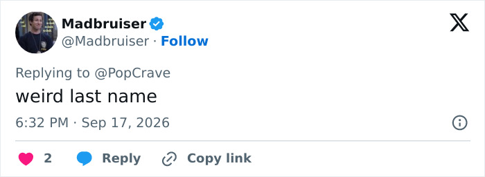 A social media comment from Madbruiser calling the baby girl name chosen by Lady Gaga and Michael Polansky 'weird last name'.
