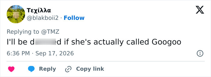 A tweet expressing disbelief over Lady Gaga and Michael Polansky's baby girl name.