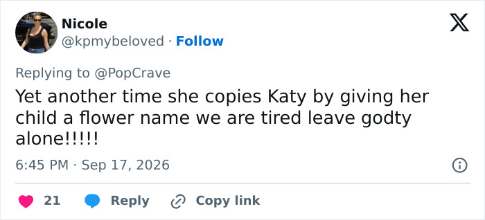 A social media post criticizing Lady Gaga and Michael Polansky's baby girl name choice.
