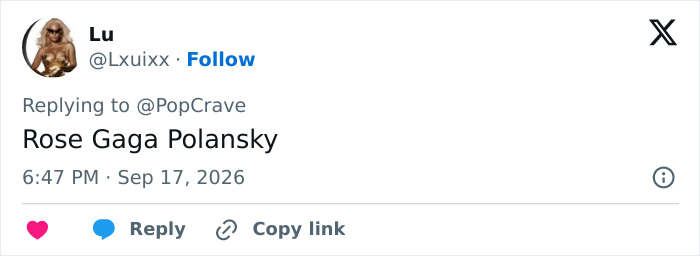 A social media comment from Lu suggesting Rose Gaga Polansky as a name for Lady Gaga and Michael Polansky's baby girl.