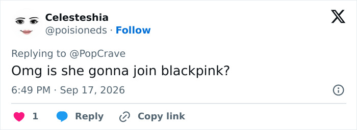 A social media comment from Celesteshia on Lady Gaga and Michael Polansky baby girl name, asking if she'll join Blackpink.