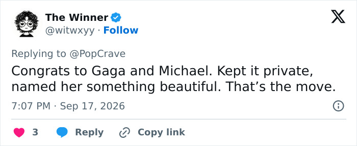 A social media user congratulates Lady Gaga and Michael Polansky on their baby girl name.