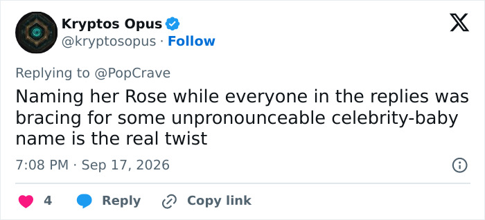 A social media user notes the twist of Lady Gaga and Michael Polansky choosing a simple baby girl name.