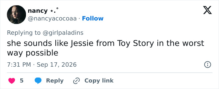 Tweet by nancy, Sep 17, 2026, criticizing a Nepo Baby's show and its whitewashing portrayal, stating the character sounds like Jessie from Toy Story.
