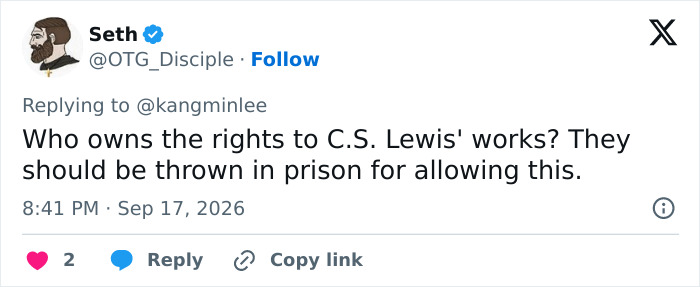 A tweet showing religious backlash against a fantasy adaptation, questioning rights to C.S. Lewis's works.