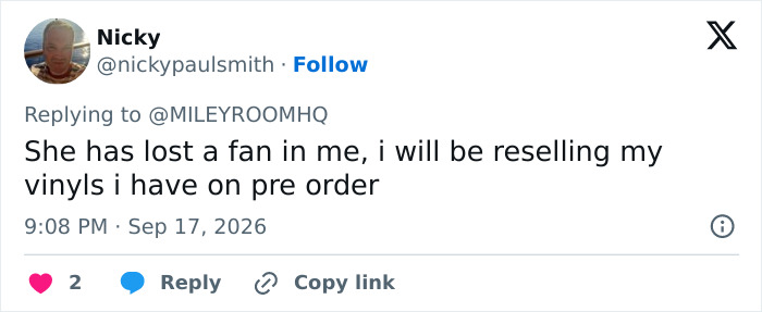 Screenshot of a tweet from Nicky, a fan, expressing disappointment with Miley Cyrus and planning to resell pre-ordered vinyls.