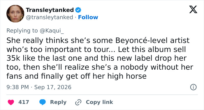 A social media post by @transleytanked, infuriating Miley Cyrus fans with an elitist announcement and name change.