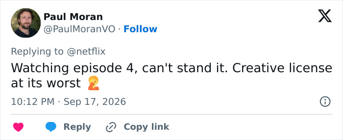 Tweet by Paul Moran, Sep 17, 2026, expressing strong dislike for a Nepo Baby's show, citing creative license and scathing reviews over whitewashing.
