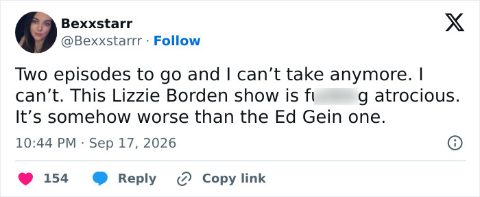 Tweet expressing frustration over Lizzie Borden series quality Tweet expressing frustration over Lizzie Borden series quality