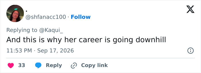 A tweet from @shfanacc100 claiming Miley Cyrus' career is declining due to an elitist announcement infuriating fans.