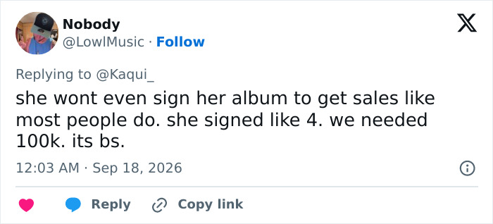 Screenshot of a tweet from a fan named 'Nobody' criticizing Miley Cyrus for not signing enough albums.