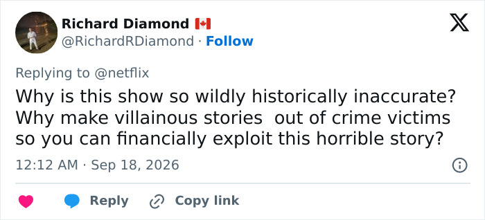 Tweet by Richard Diamond, Sep 18, 2026, questioning the historical inaccuracy and financial exploitation in a Nepo Baby's show, amid reviews of whitewashing.