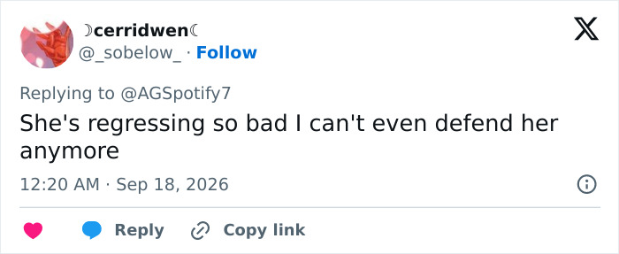 A tweet expressing worry about Ariana Grande, stating 'She's regressing so bad I can't even defend her anymore.'