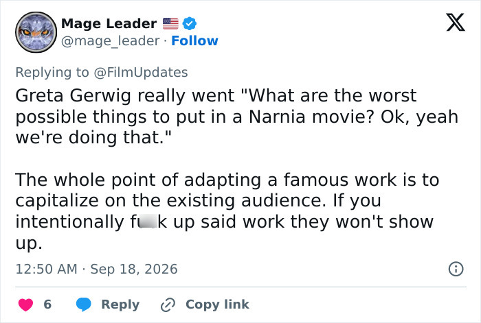 Tweet from Mage Leader expressing strong negative views about a fantasy adaptation and director Greta Gerwig.
