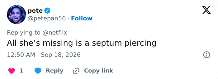 Tweet by pete, Sep 18, 2026, commenting on a Nepo Baby's show and its whitewashing, suggesting a character is missing a septum piercing.