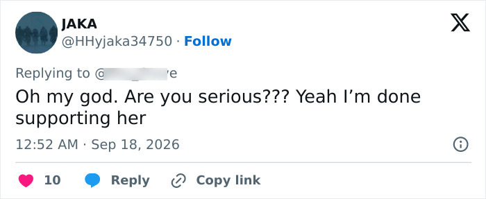 A tweet from JAKA stating, 'Oh my god. Are you serious??? Yeah I'm done supporting her,' showing worry for Ariana Grande.