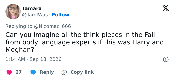 A Twitter post by Tamara wondering about media reaction if Prince Harry had behaved like Prince William towards Meghan.