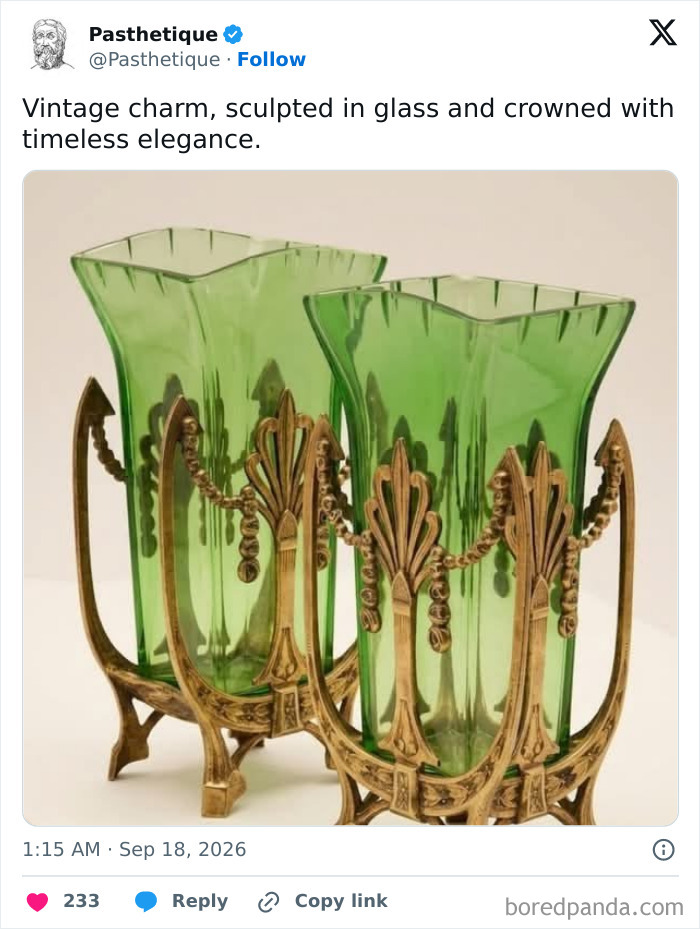 Historic and stylish green glass vases with ornate brass frames representing culture