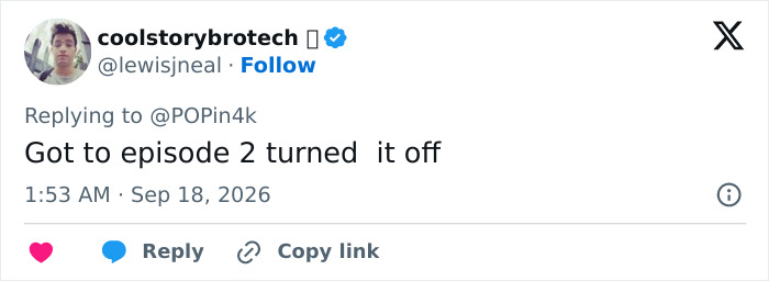 Tweet saying turned off Lizzie Borden series after episode 2 Tweet saying turned off Lizzie Borden series after episode 2