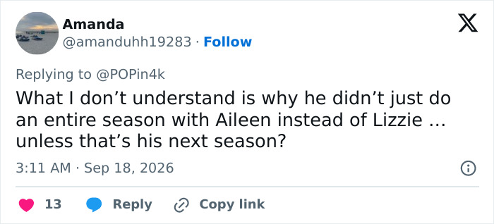 Tweet discussing Lizzie Borden series and questioning focus on Aileen Tweet discussing Lizzie Borden series and questioning focus on Aileen