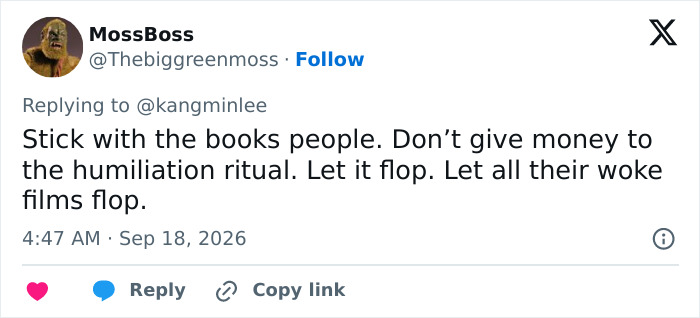 A tweet from user MossBoss urging people to stick with the books and avoid a 'humiliation ritual' fantasy adaptation.