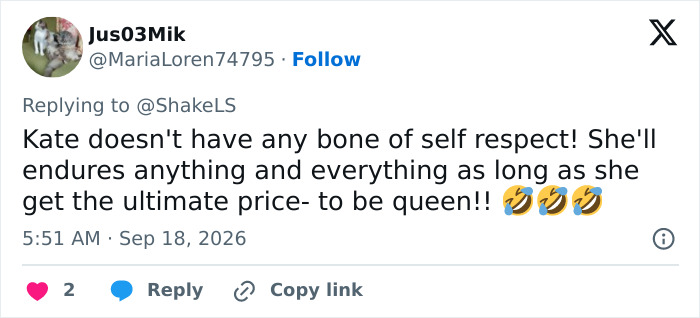Screenshot of a tweet by Jus03Mik criticizing Kate Middleton's reaction to Prince William's public behavior.