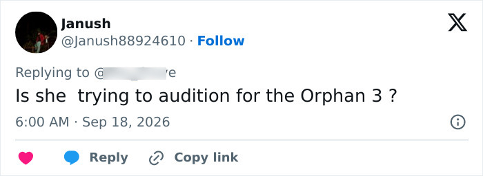 A tweet from Janush questioning Ariana Grande's appearance, asking if she's 'trying to audition for the Orphan 3?'