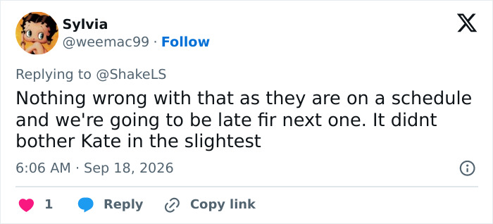 A Twitter post by Sylvia stating that Prince William's public behavior towards Kate Middleton was not wrong.