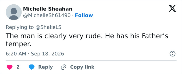 Screenshot of a tweet by Michelle Sheahan commenting on Prince William's public behavior towards Kate Middleton.