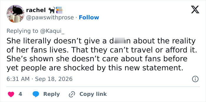 A tweet from @pawswithprose expressing how Miley Cyrus' elitist announcement infuriates fans by ignoring their reality.