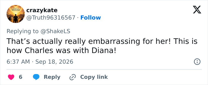 A tweet by crazykate replying to another user, noting similarities between Prince William's public behavior and Prince Charles's treatment of Diana.