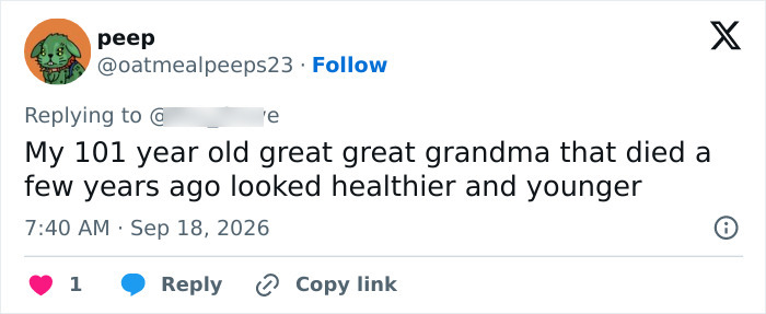 A social media user expresses concern over Ariana Grande's appearance, saying their 101-year-old great-great-grandma looked healthier.