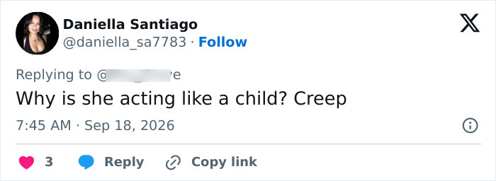 A tweet from Daniella Santiago expressing worry about Ariana Grande's behavior, asking, 'Why is she acting like a child?'
