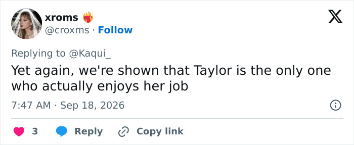 A fan tweet about Miley Cyrus announcement: Taylor Swift enjoys her job. Miley Cyrus infuriates fans again.