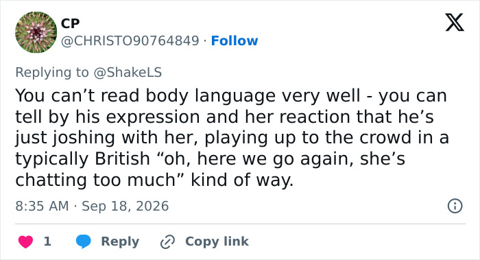A tweet by CP suggesting an alternative interpretation of Prince William's public behavior towards Kate Middleton.