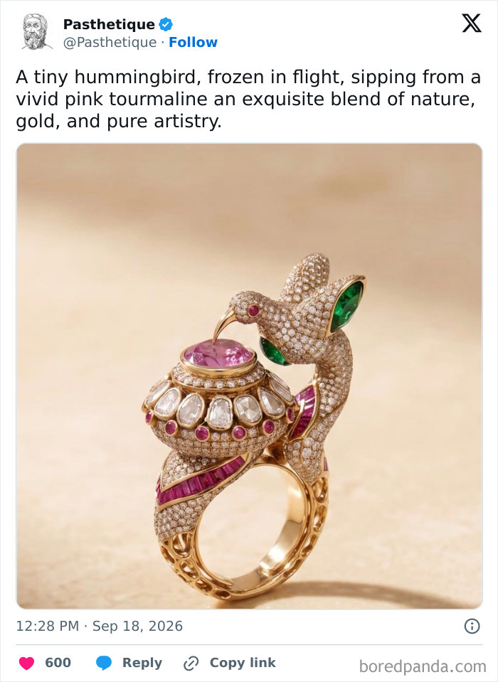 An aesthetic art piece featuring a gold hummingbird ring with pink tourmaline