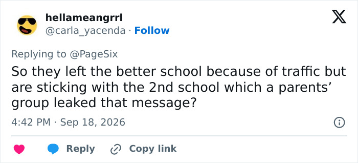 hellameangrrl tweet: Prince Harry's kids schooling decision questioned, 'So they left the better school because of traffic?'