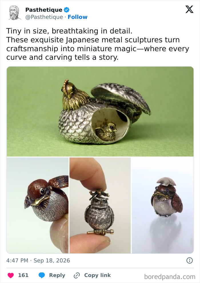 Miniature Japanese metal sculptures of birds representing intricate craftsmanship and culture.