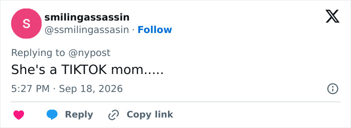 A social media comment from smilingassassin calling the mom a TIKTOK mom in the Las Vegas hotel tragedy. A social media comment from smilingassassin calling the mom a TIKTOK mom in the Las Vegas hotel tragedy.