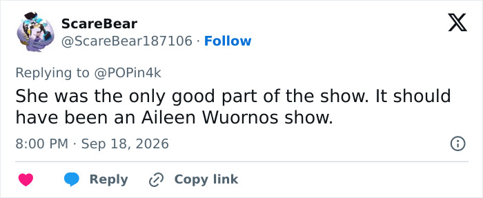 Viewer says best part of Lizzie Borden series was Aileen Wuornos character Viewer says best part of Lizzie Borden series was Aileen Wuornos character