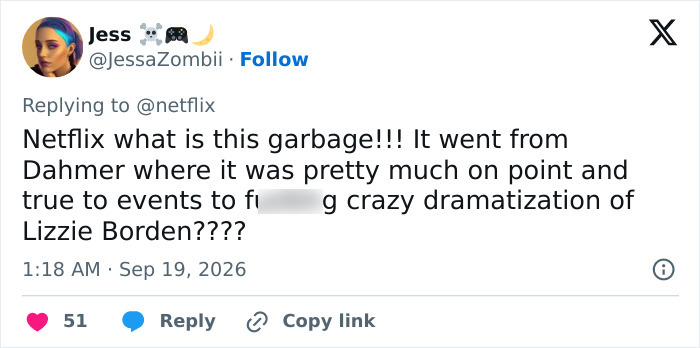 Tweet complaining about dramatization in Lizzie Borden Netflix show Tweet complaining about dramatization in Lizzie Borden Netflix show