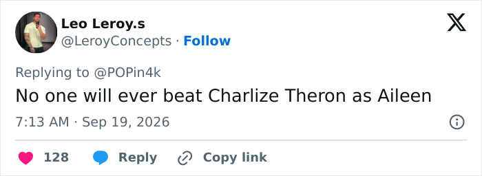 A fan tweet debating which Hollywood A-lister played the disturbing criminal better, praising Charlize Theron. A fan tweet debating which Hollywood A-lister played the disturbing criminal better, praising Charlize Theron.